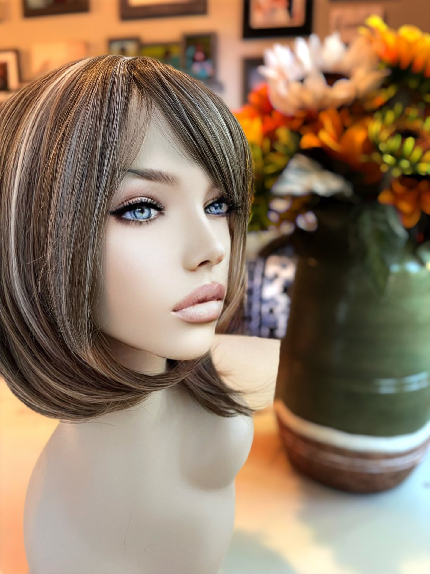 Tiramisu Treat Wig Bob Wig Bangs Blonde Highlights Light Brown Wig Color Shorter Wig Lace Frontal Wig Short Wig Chemo