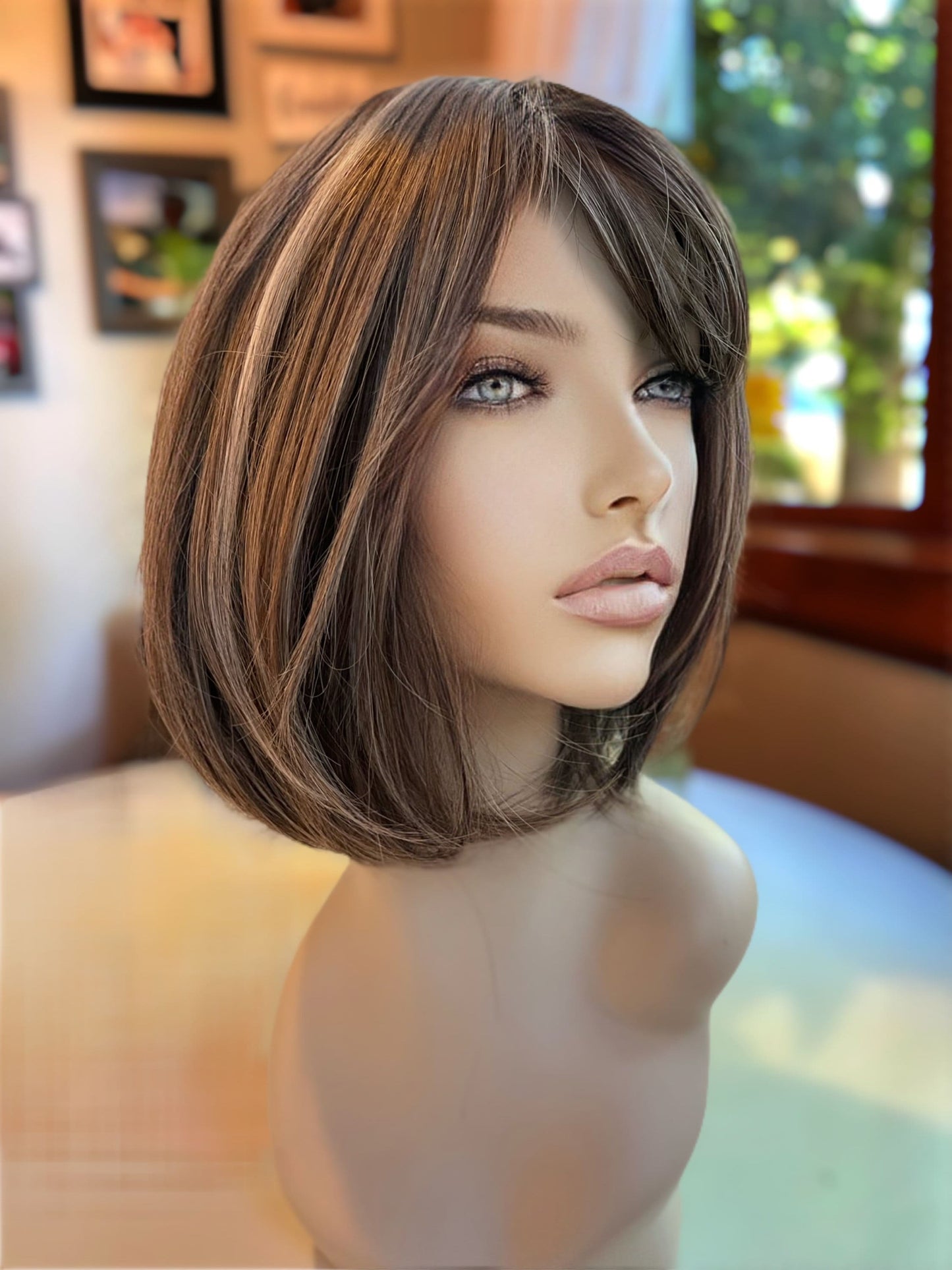 Tiramisu Treat Wig Bob Wig Bangs Blonde Highlights Light Brown Wig Color Shorter Wig Lace Frontal Wig Short Wig Chemo