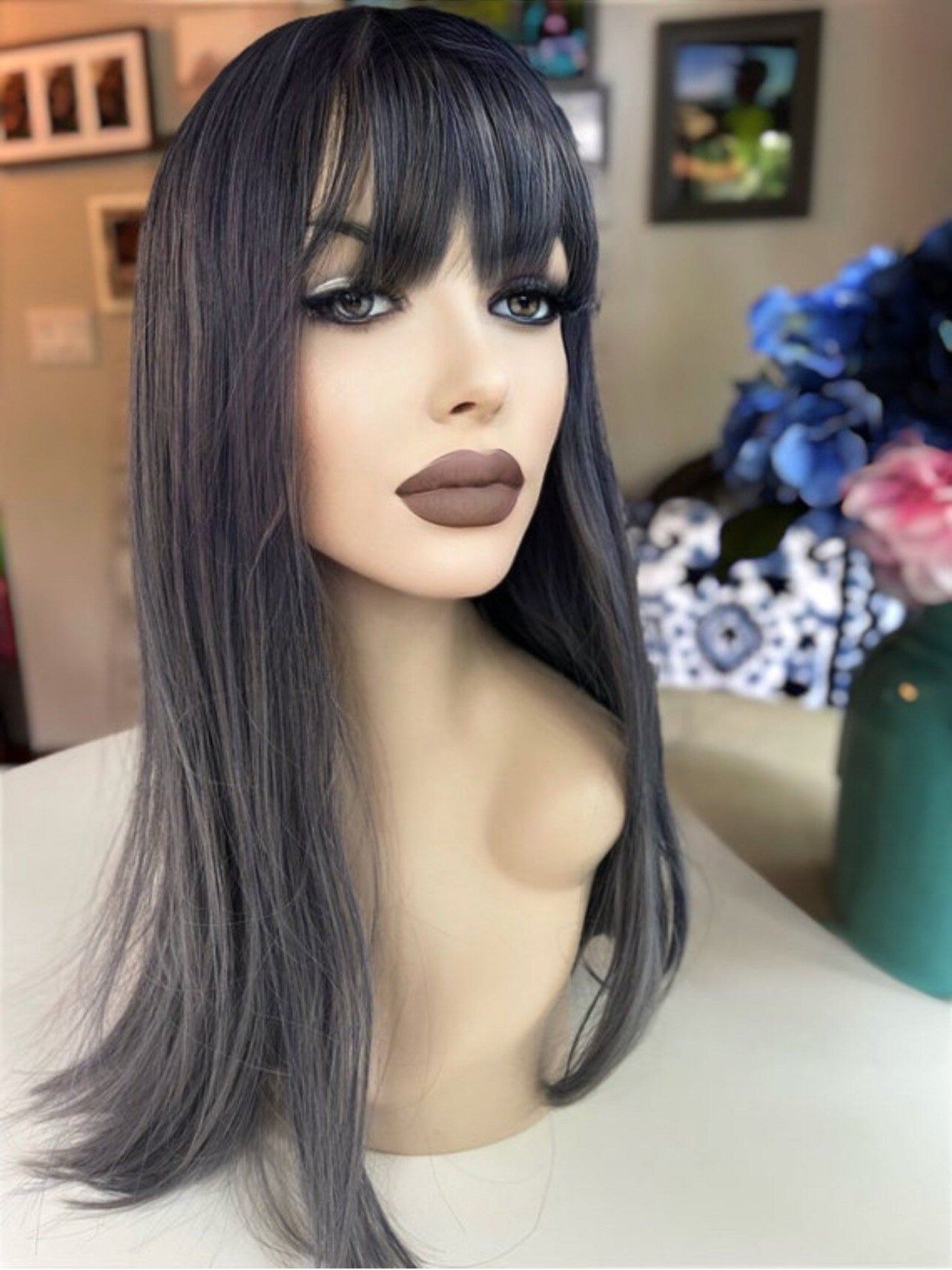 Dassi Dark Gray Cool Blue-Gray Balayage Wig Grey Highlights Lowlight Wig Non Lace Wig Skin Parting