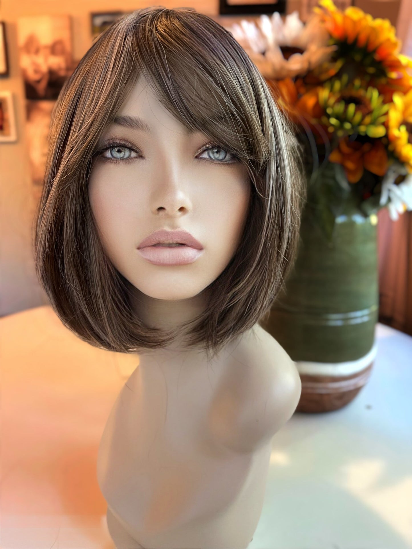 Tiramisu Treat Wig Bob Wig Bangs Blonde Highlights Light Brown Wig Color Shorter Wig Lace Frontal Wig Short Wig Chemo