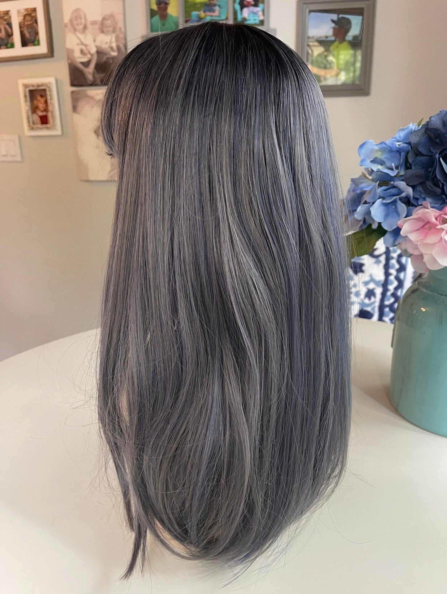 Dassi Dark Gray Cool Blue-Gray Balayage Wig Grey Highlights Lowlight Wig Non Lace Wig Skin Parting