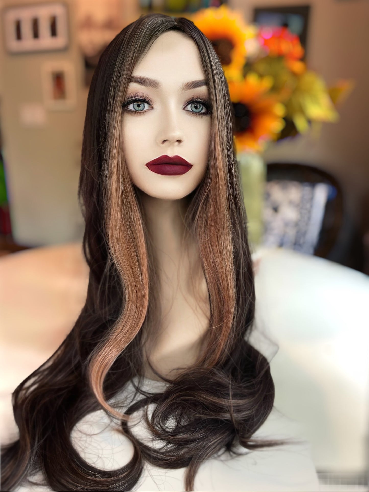 Hazelnut Mocha Money Piece Wig Hand Tied Brown Blonde Ombré Wig Dark Balayage Hand Tied Lace Front Wig Wavy Wig