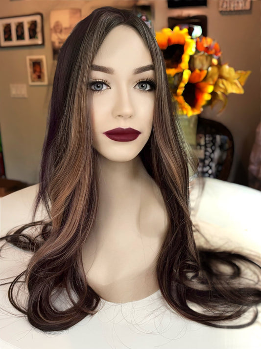 Hazelnut Mocha Money Piece Wig Hand Tied Brown Blonde Ombré Wig Dark Balayage Hand Tied Lace Front Wig Wavy Wig