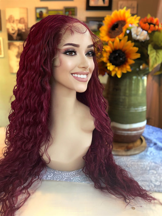 Dallas Burgundy Waves Extra Long Wig Lace Front Wig Mono Top Frontal Free Parting Wig HD Film Lace Wig Spiral HD Lace Wig Long Layers Wig
