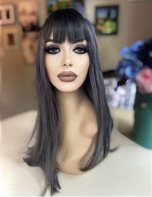 Dassi Dark Gray Cool Blue-Gray Balayage Wig Grey Highlights Lowlight Wig Non Lace Wig Skin Parting