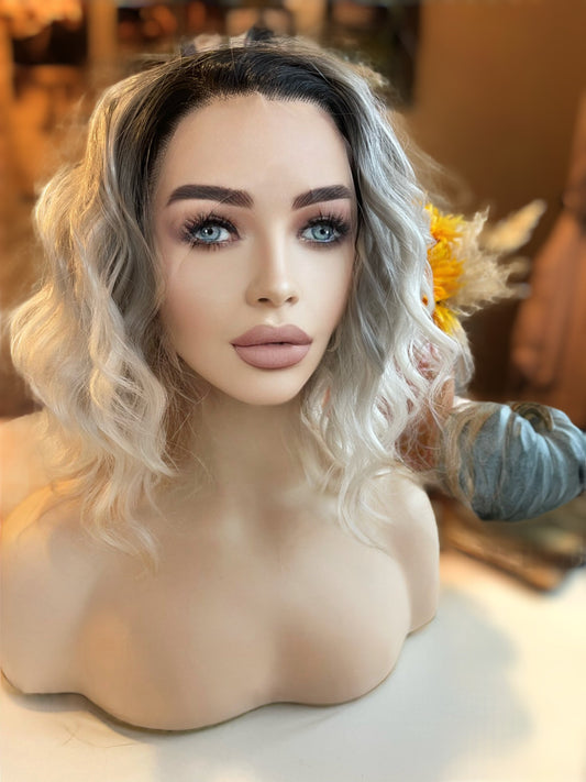 Marlow Rooted Balayage Lace Front Wig With HD Lace Parting Curly Shoulder Length Silvery Colormelt and HD Synthetic Alopecia Chemo Wig