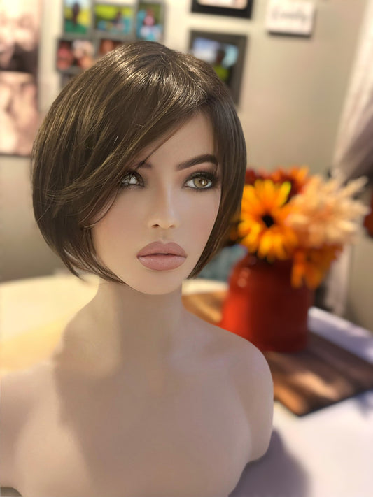 Adena Medical Wig Alopecia Chemotherapy Medium Ash Brown and Medium Warm Brown Bangs Highlights Light Blonde Wig Color Shorter Hair Loss Wig