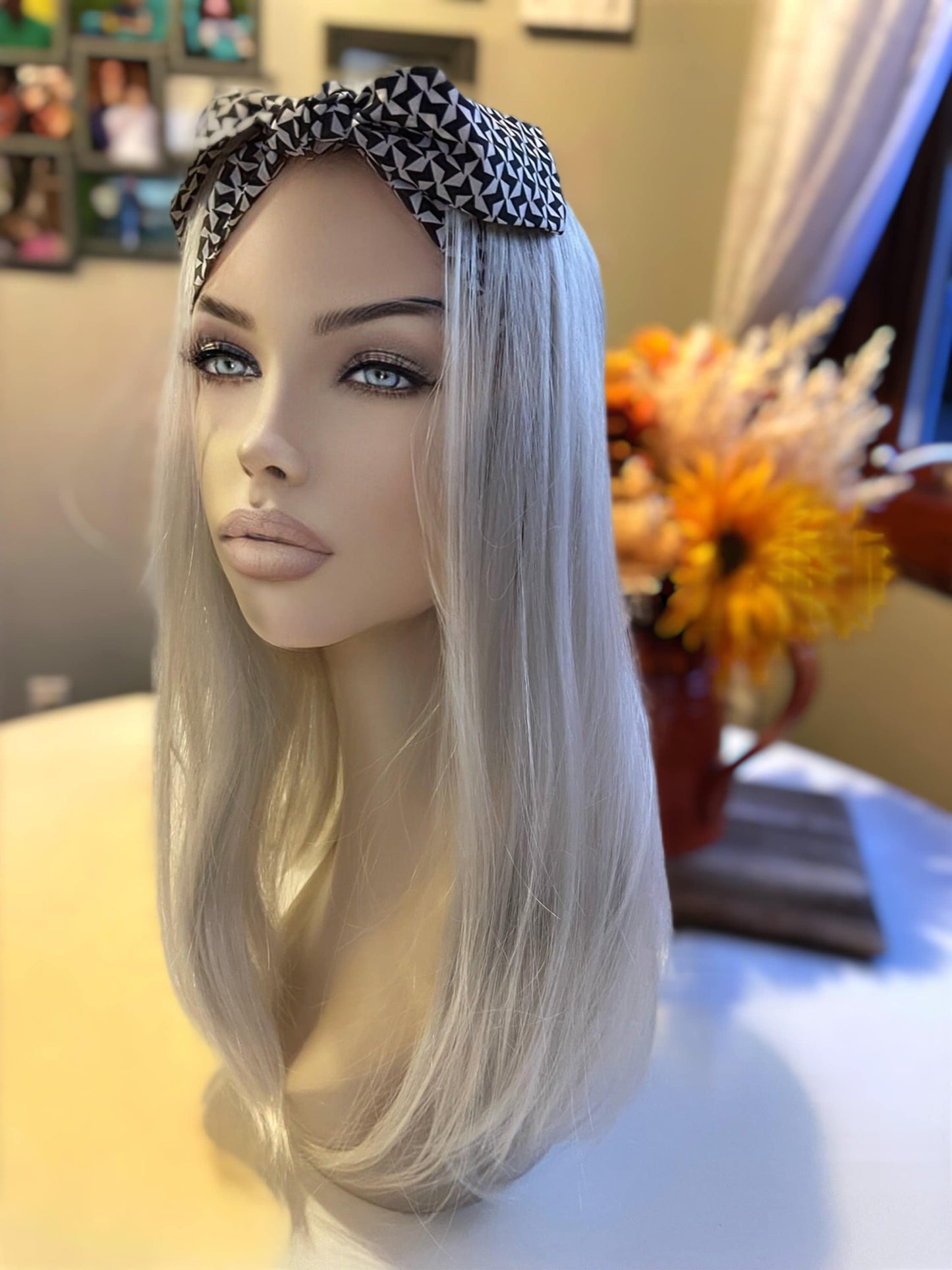 Diamanda White Platinum Gray Scarf Headband Wig Fall HD Wig Sleek Straight Wig Lightweight Wig Wig Chemo Alopecia