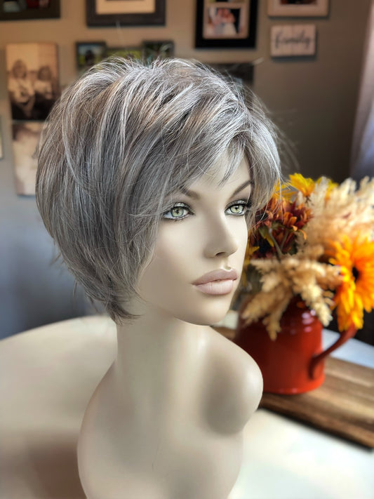 Renae Custom Estetica Wig Alopecia Chemotherapy Lots of Layers Bangs Highlights Salt and Pepper Wig Hair Loss Wig Short Wig