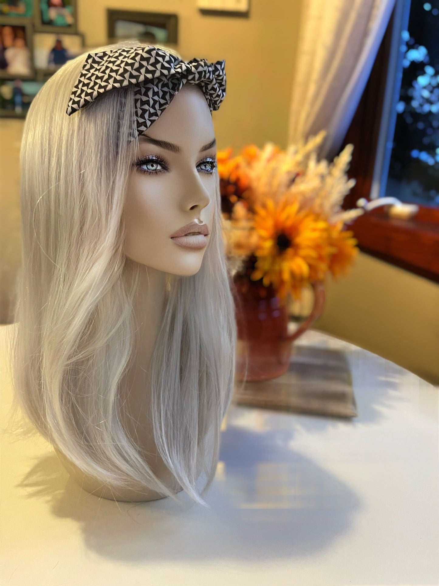 Diamanda White Platinum Gray Scarf Headband Wig Fall HD Wig Sleek Straight Wig Lightweight Wig Wig Chemo Alopecia