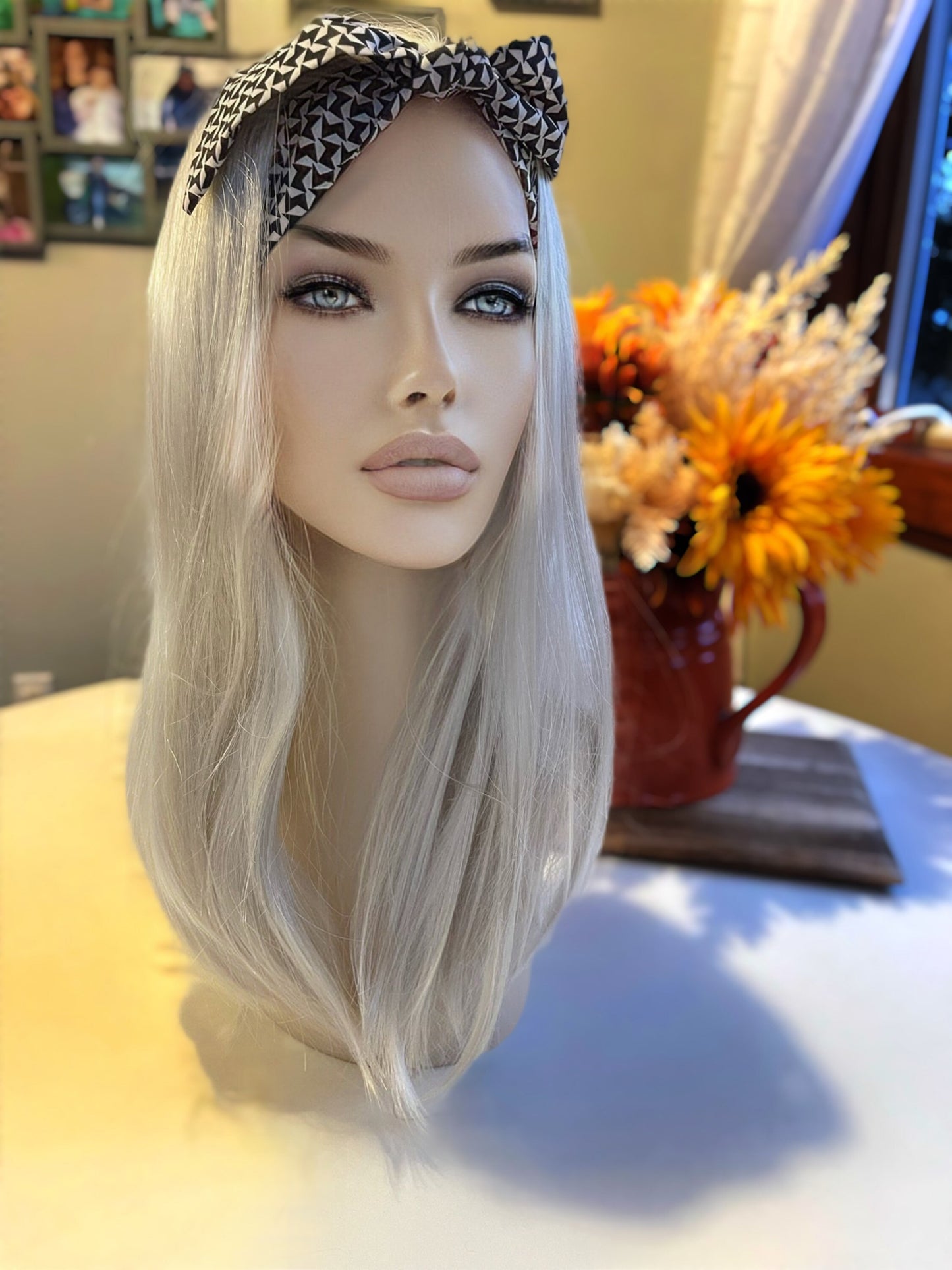 Diamanda White Platinum Gray Scarf Headband Wig Fall HD Wig Sleek Straight Wig Lightweight Wig Wig Chemo Alopecia