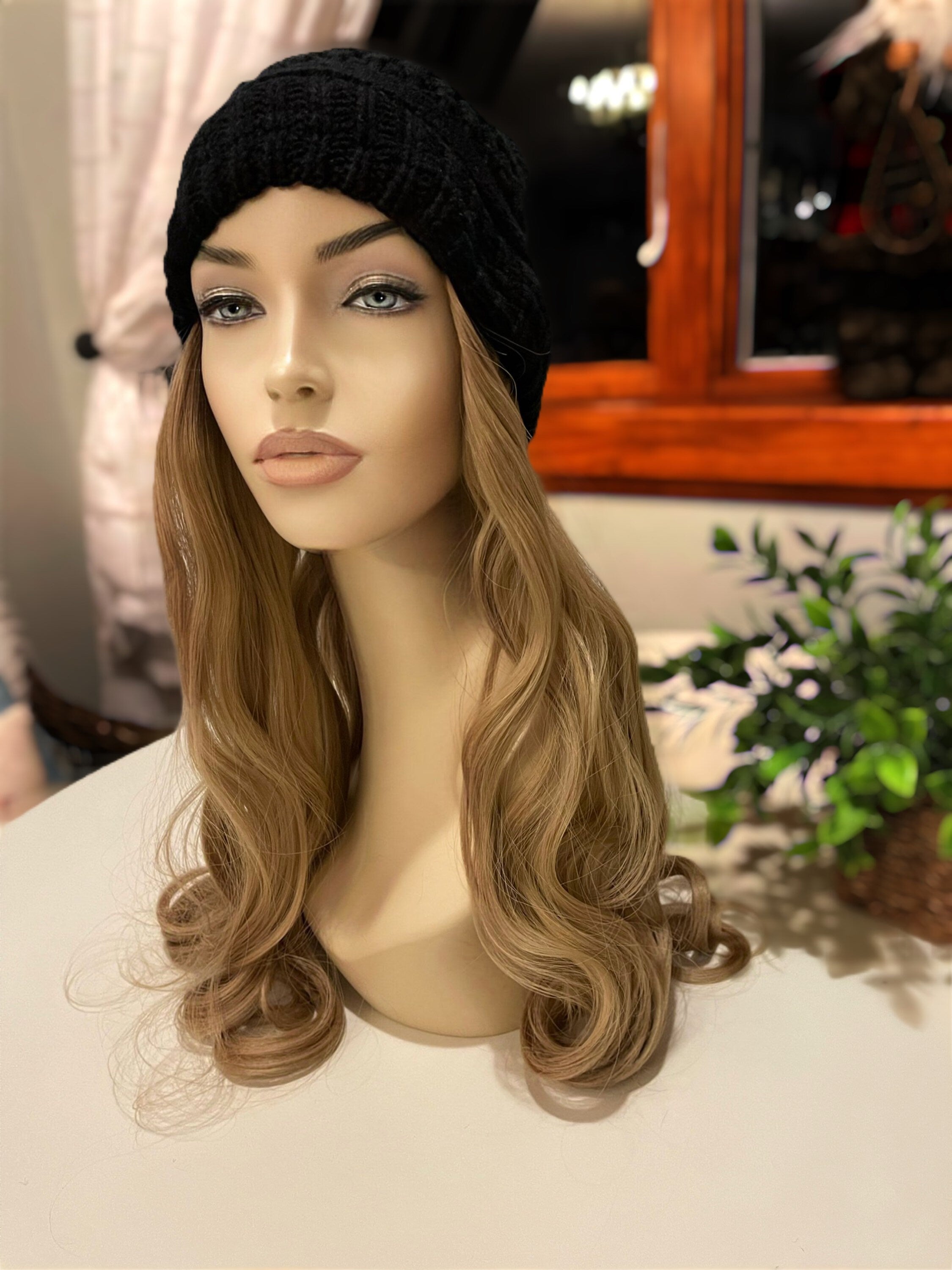 Silvia Warm Wig Hat Wig Hair Black Wig Beanie With Detachable Pouf