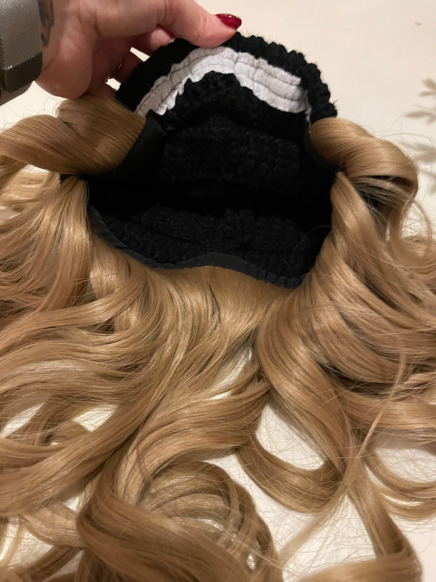 Silvia Warm Wig Hat Wig Hair Black Wig Beanie With Detachable Pouf Velcro Dark Neutral Blonde Wig 24” Long Curly Wig