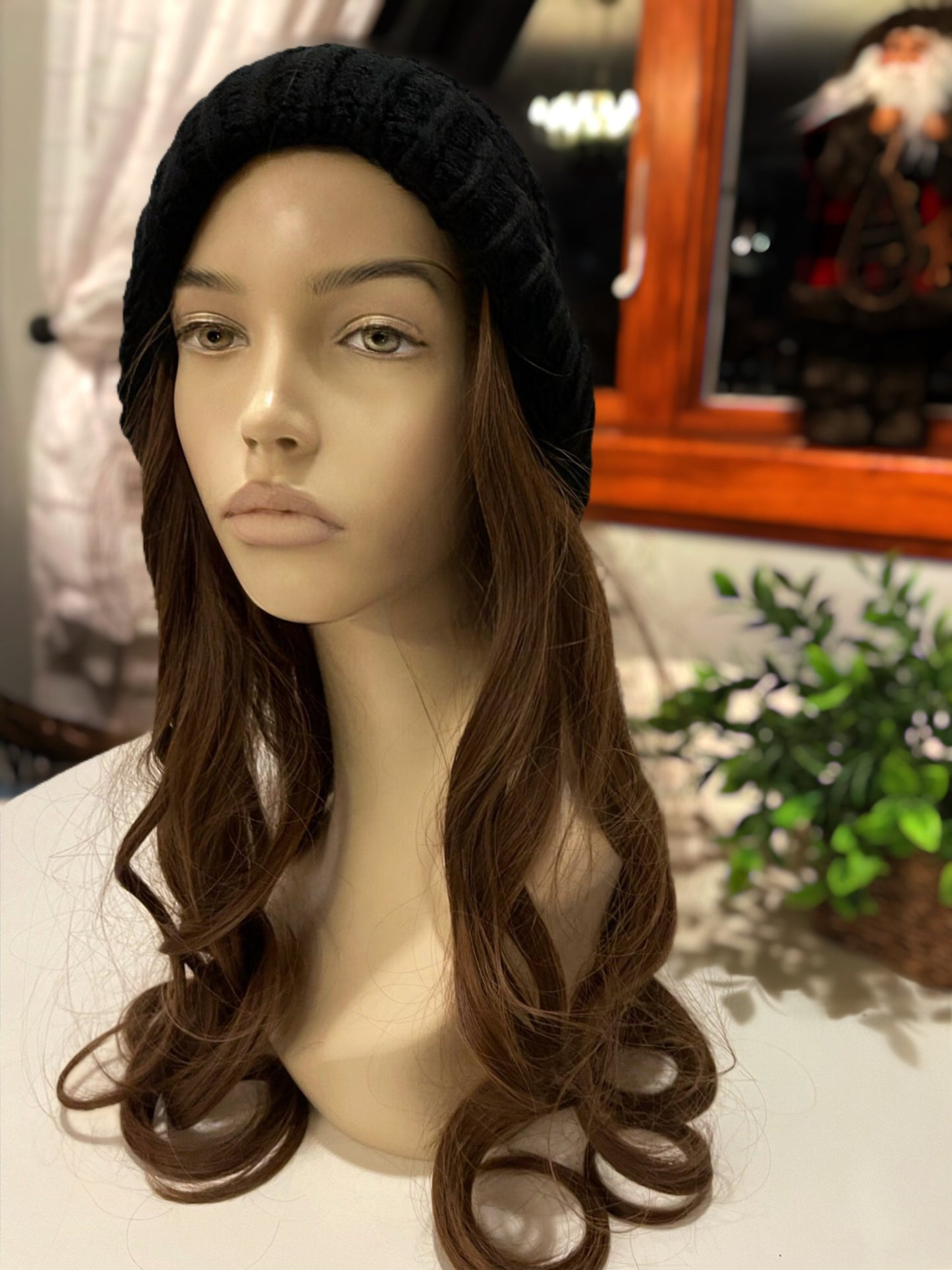 Trudy Warm Wig Hat Wig Hair Black Wig Beanie With Detachable Pouf Velcro Light Neutral Brown Wig 24” Long Curly Wig