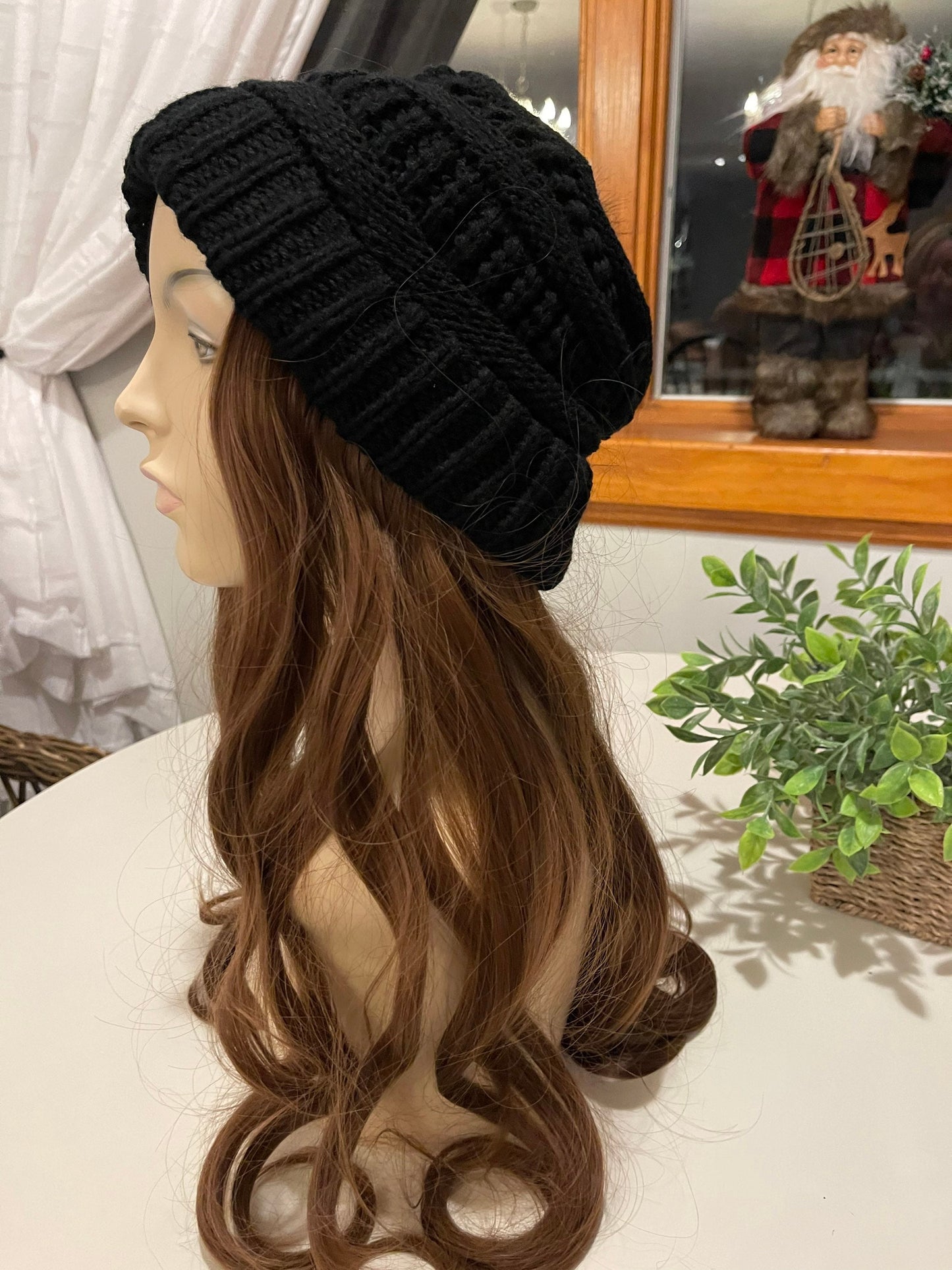 Trudy Warm Wig Hat Wig Hair Black Wig Beanie With Detachable Pouf Velcro Light Neutral Brown Wig 24” Long Curly Wig