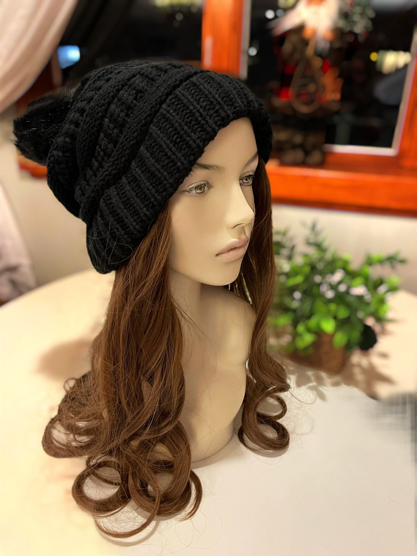 Trudy Warm Wig Hat Wig Hair Black Wig Beanie With Detachable Pouf Velcro Light Neutral Brown Wig 24” Long Curly Wig