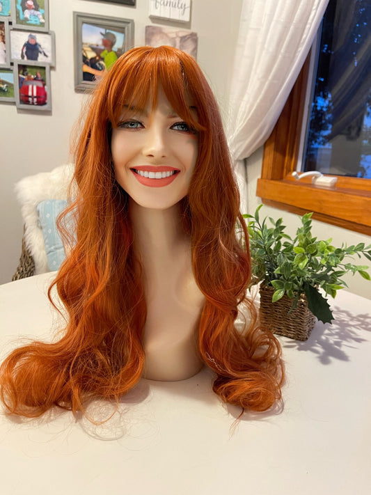 Hilla Ginger Wig Fiery Long Wavy Wig Red Wig With Bangs Copper Wig Redhead Realistic Parting Wig Chemo Alopecia Medical Wig Fashion Wig