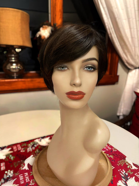 Chestnut Short Wig Sleek Lines 1920’s Chicago Style Medical Wig Light Wig Black Highlighted Brown Wig Chemotherapy Alopecia Pixie