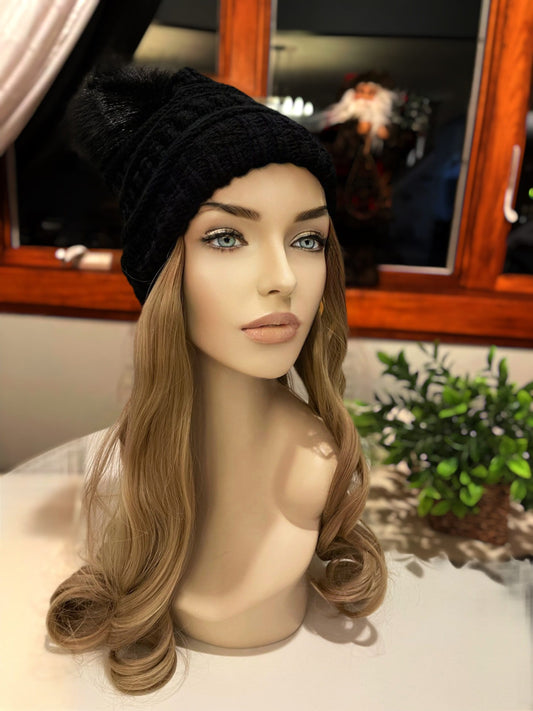 Silvia Warm Wig Hat Wig Hair Black Wig Beanie With Detachable Pouf Velcro Dark Neutral Blonde Wig 24” Long Curly Wig