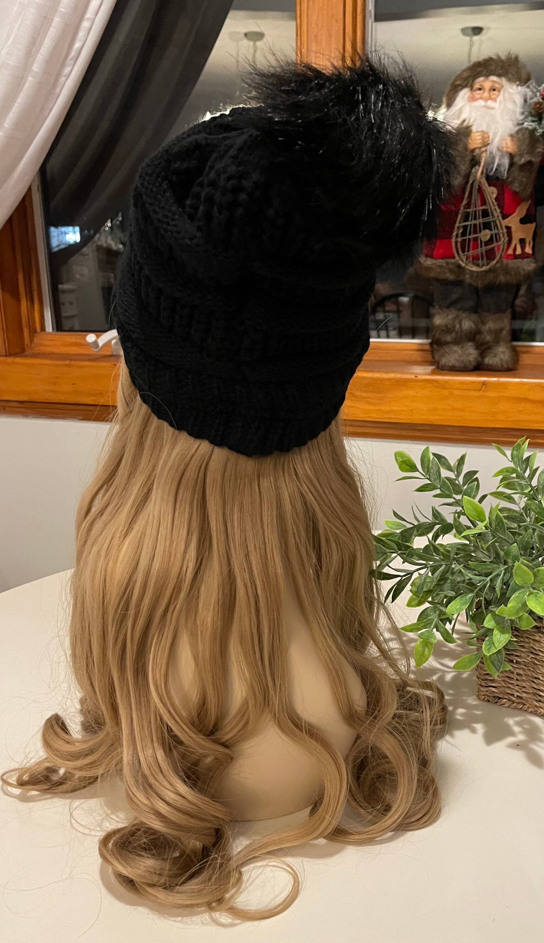 Silvia Warm Wig Hat Wig Hair Black Wig Beanie With Detachable Pouf