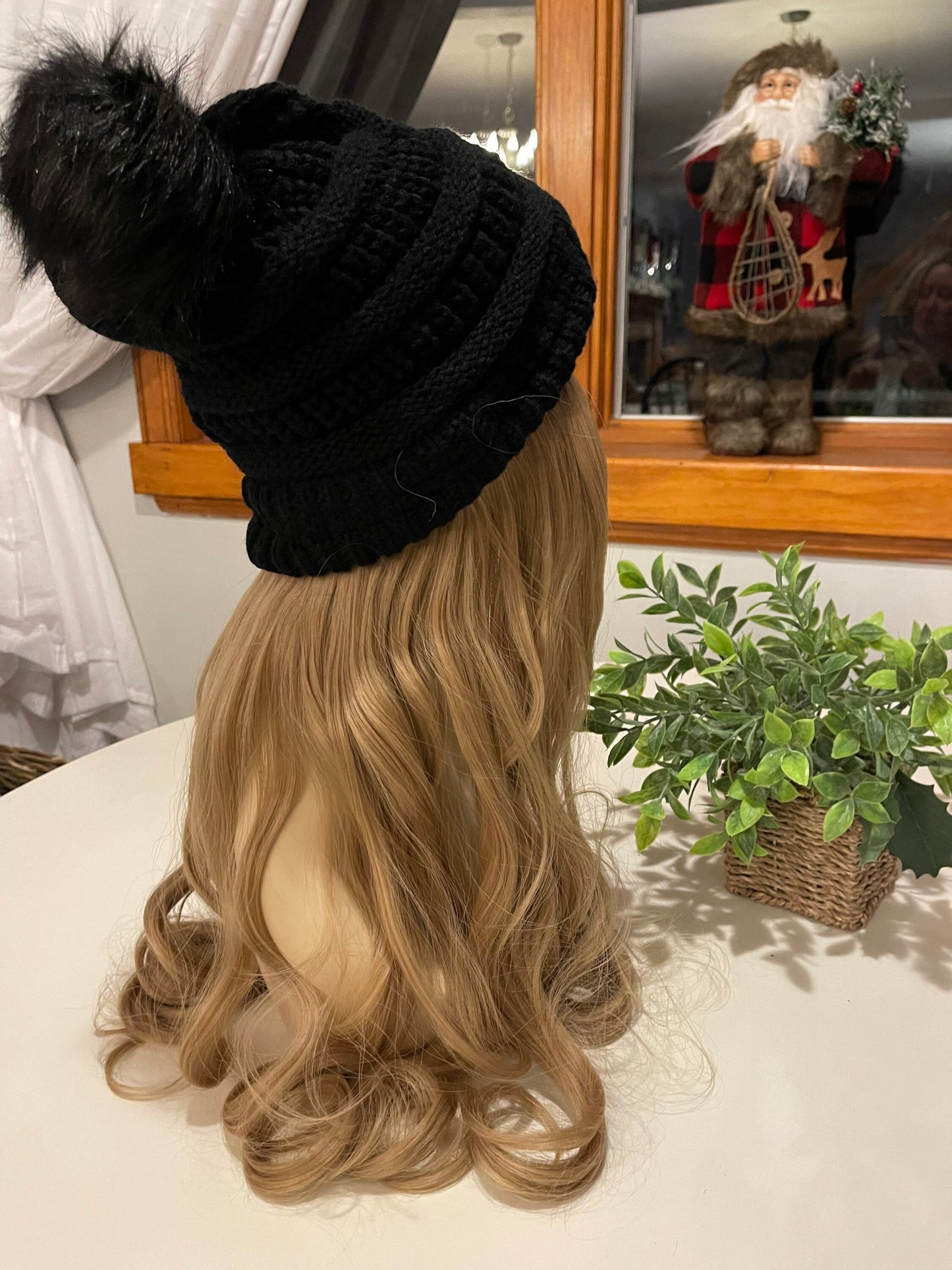 Silvia Warm Wig Hat Wig Hair Black Wig Beanie With Detachable Pouf Velcro Dark Neutral Blonde Wig 24” Long Curly Wig