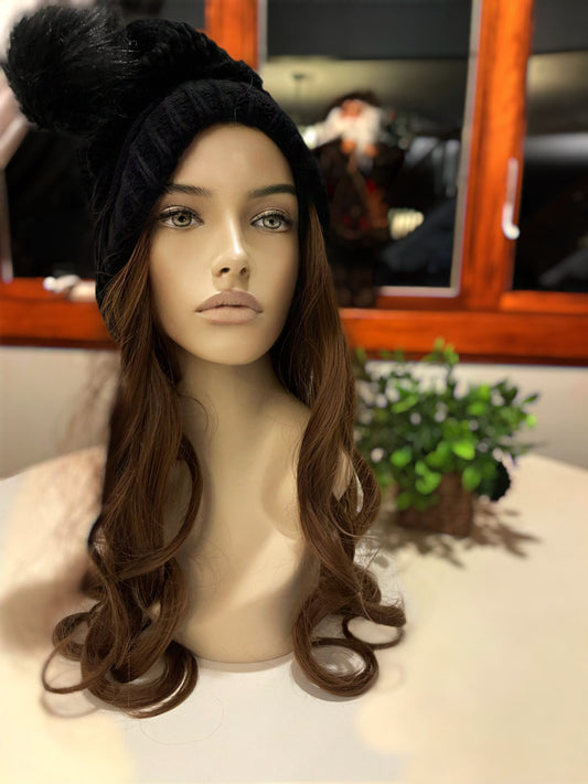 Trudy Warm Wig Hat Wig Hair Black Wig Beanie With Detachable Pouf Velcro Light Neutral Brown Wig 24” Long Curly Wig