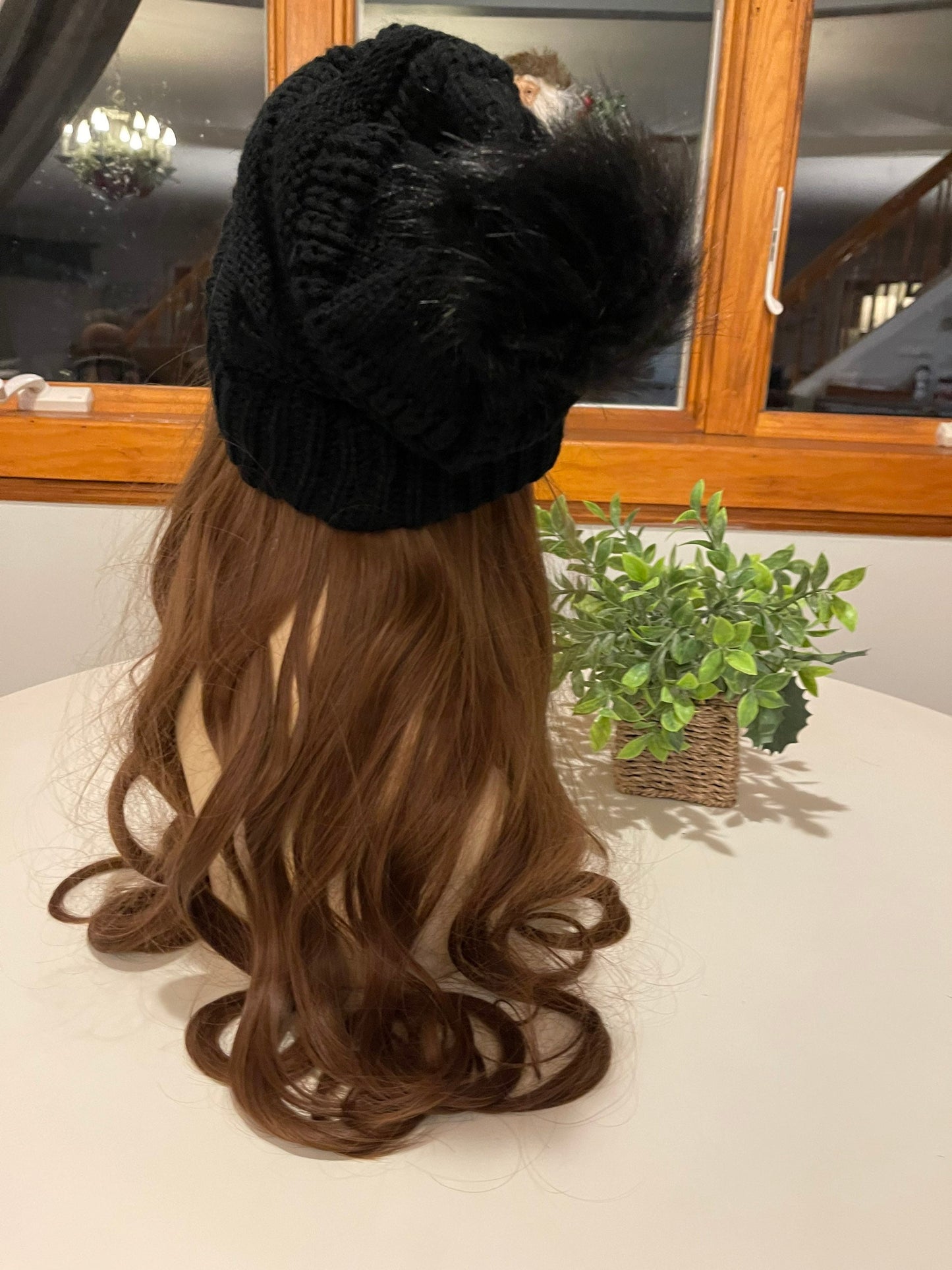 Trudy Warm Wig Hat Wig Hair Black Wig Beanie With Detachable Pouf Velcro Light Neutral Brown Wig 24” Long Curly Wig