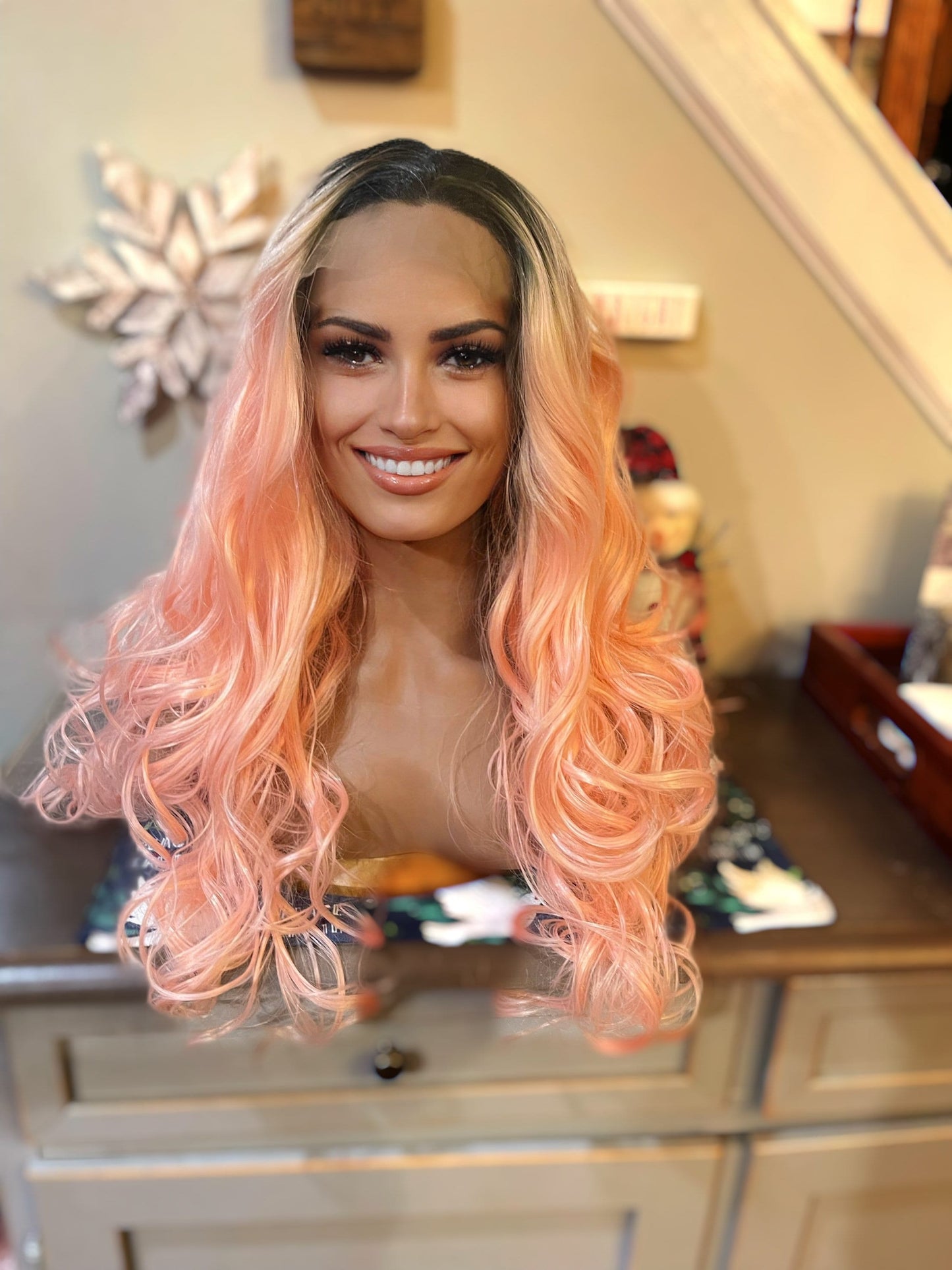 Leela Pink Wig Lace Front Rooted Balayage Ombre Wig Dark Roots Curly Wig Color Melt Wig Lace Front Wig Hand Tied Wig