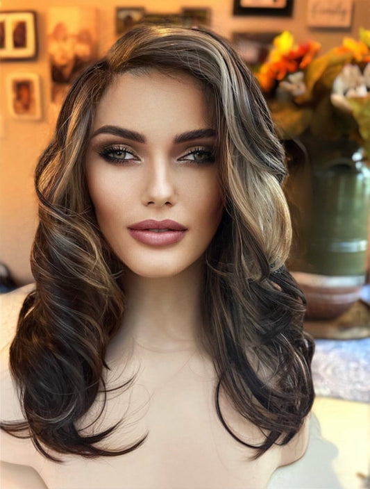 Madelynn Bold Highlights Money Piece Wig Brown Wig Ombré Wig Blonde Wig Loose Curl Hand Tied Lace-front Wig Chemo Alopecia