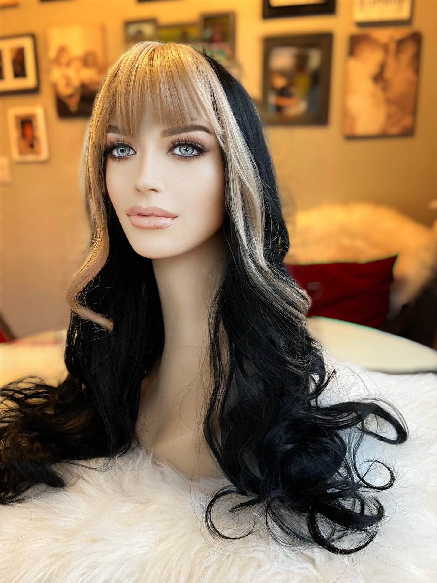 Albella Blonde Bang Moment Money Piece Wig Hand Tied Black Ombré Wig Dark Balayage Hand Tied Lace Front Wig