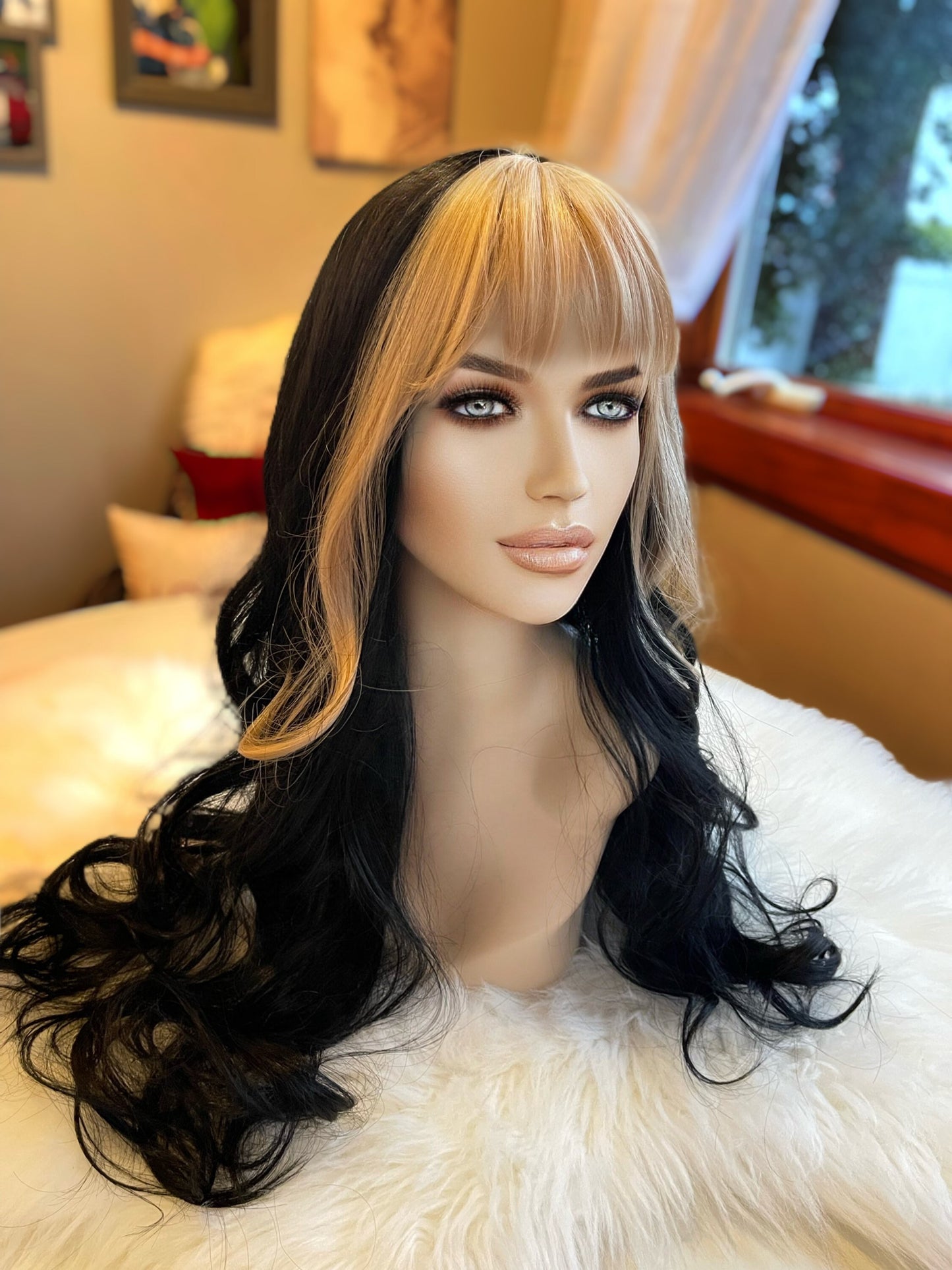 Albella Blonde Bang Moment Money Piece Wig Hand Tied Black Ombré Wig Dark Balayage Hand Tied Lace Front Wig