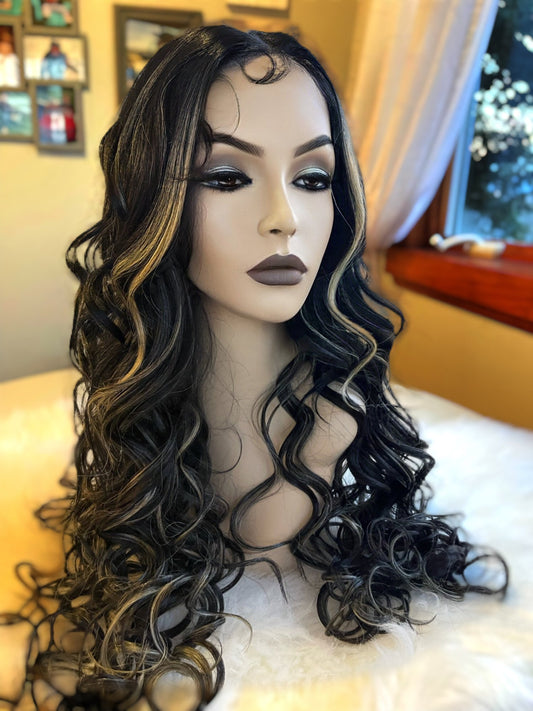 Catty Long Wig Curly Wig Light Medium Density Hand Tied Black and Blonde Human Blend Highlights Wig Hand Tied Wig HD Lace Wig