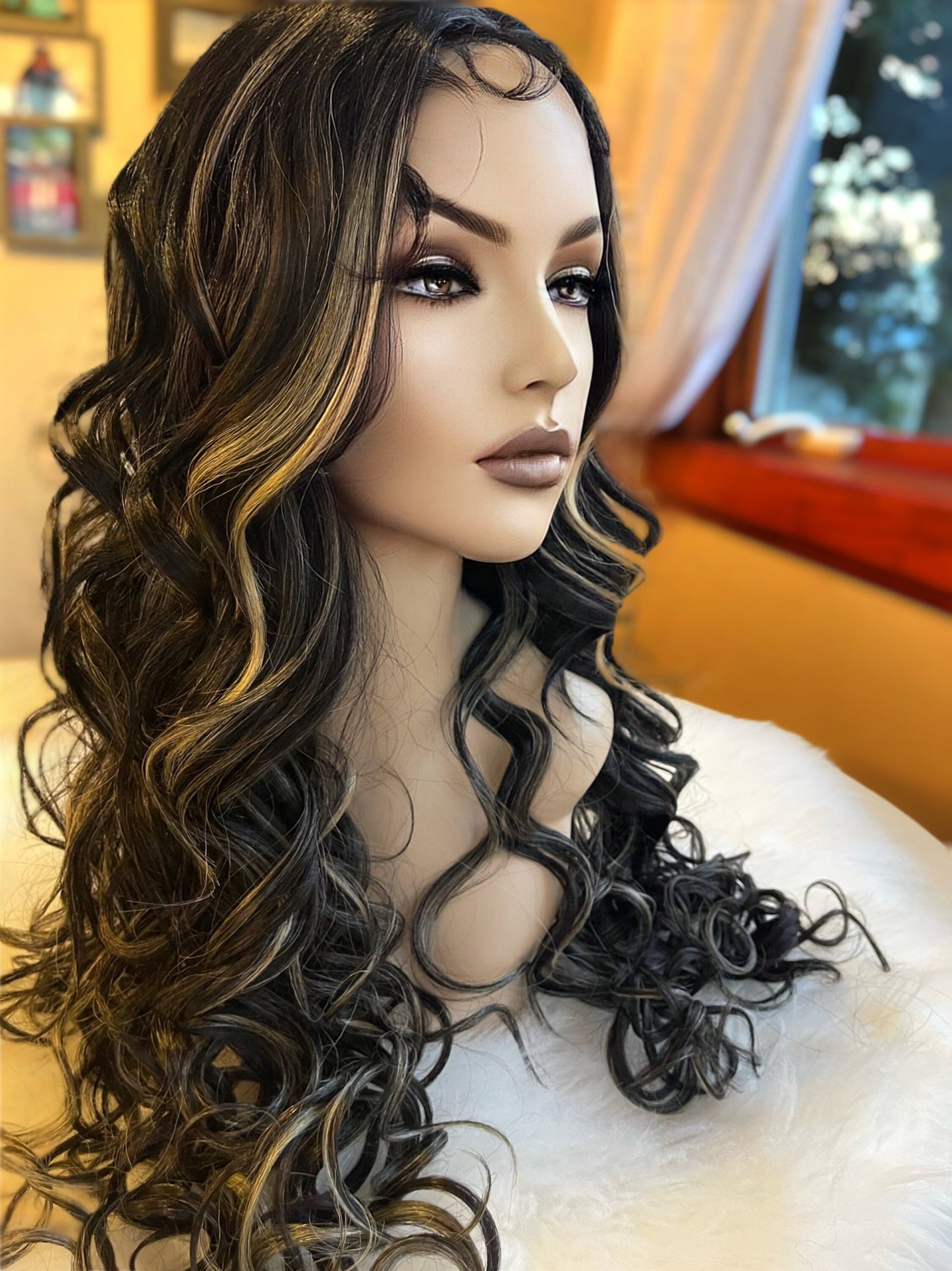 Catty Long Wig Curly Wig Light Medium Density Hand Tied Black and Blonde Human Blend Highlights Wig Hand Tied Wig HD Lace Wig