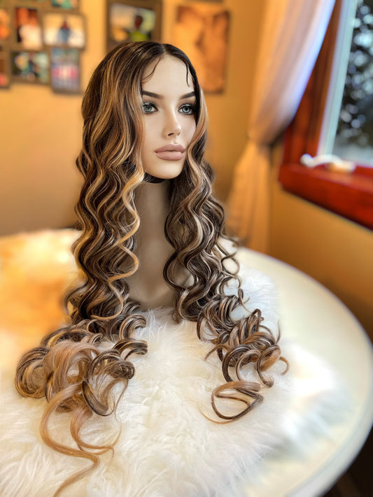 Madamoiselle Extra Long Wig Curly Wig Light Density Hand Tied Brown Caramel Human Blend Highlights Wig Hand Tied Wig HD Lace Wig
