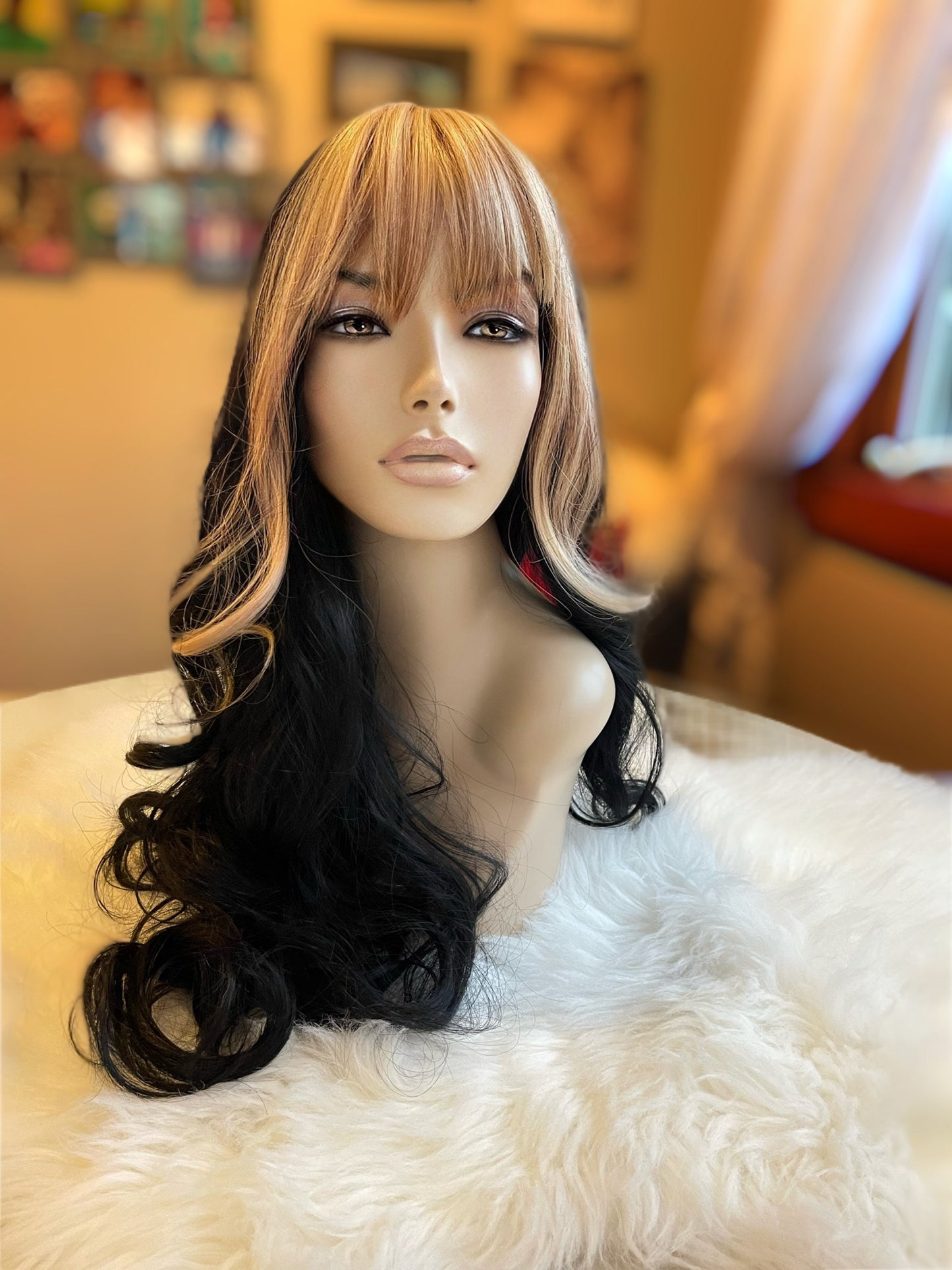 Albella Blonde Bang Moment Money Piece Wig Hand Tied Black Ombré Wig Dark Balayage Hand Tied Lace Front Wig