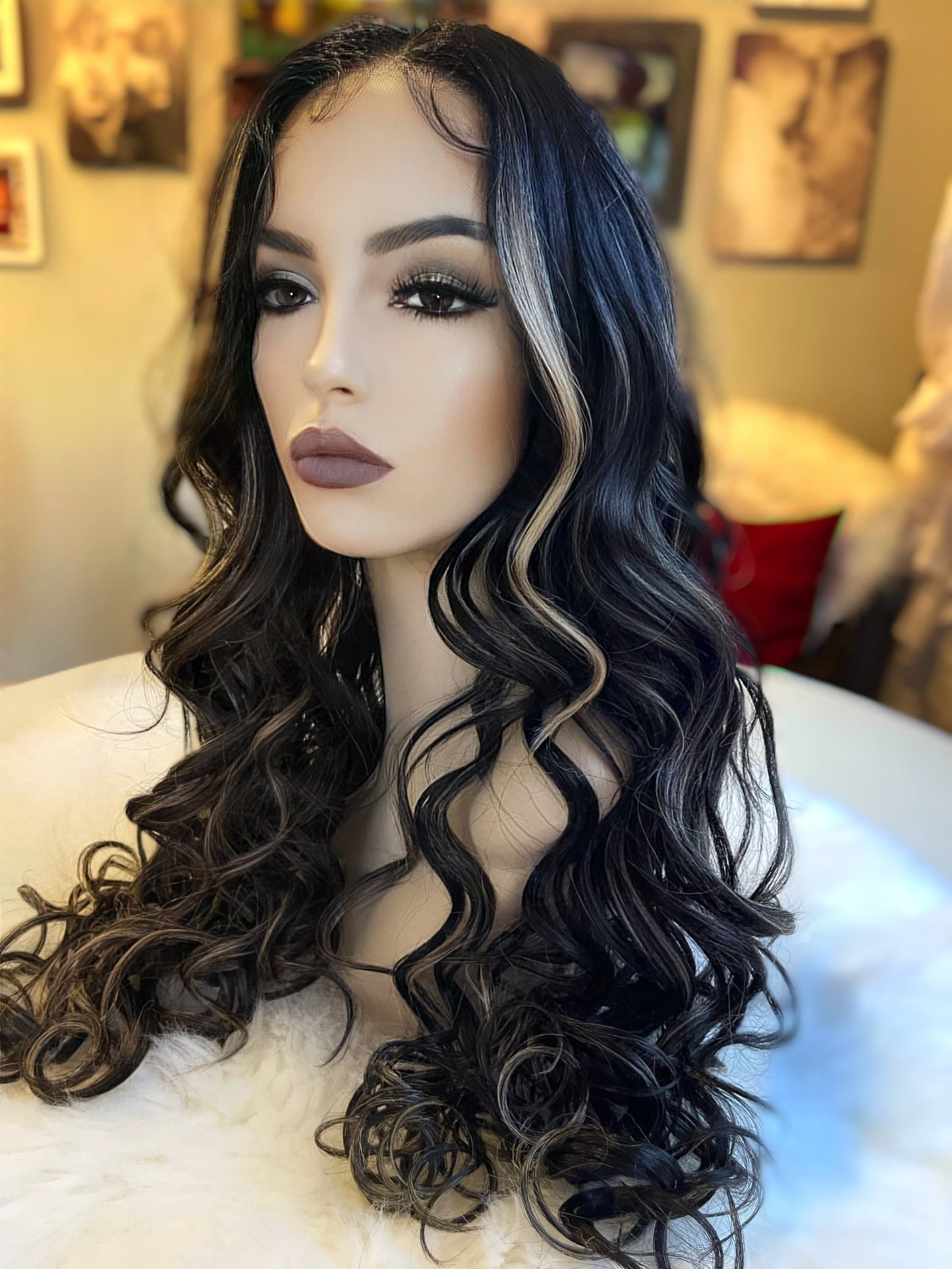 Catty Long Wig Curly Wig Light Medium Density Hand Tied Black and Blonde Human Blend Highlights Wig Hand Tied Wig HD Lace Wig