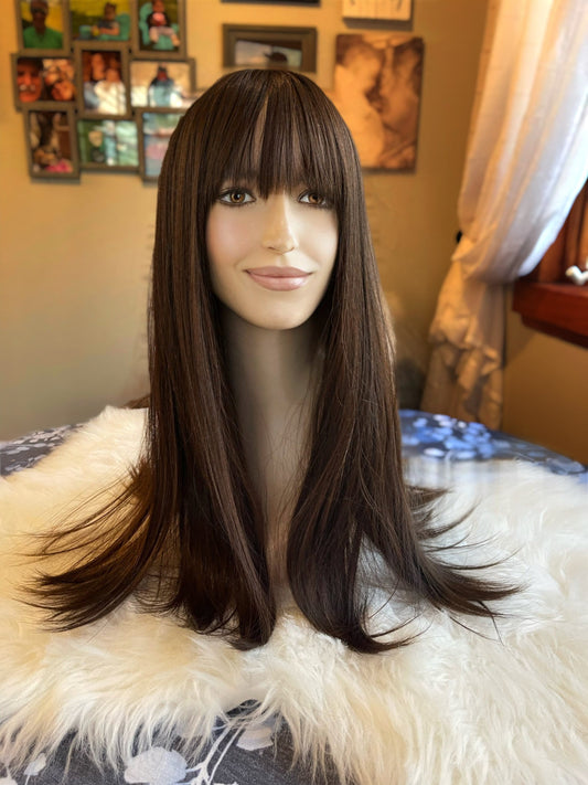 Heena Long Deep Walnut Wig Brown Wig  Dark Root Wig Hand Tied Wig Lace Front Wig  Wig Straight Wig Comfort Cap Bangs Fringe