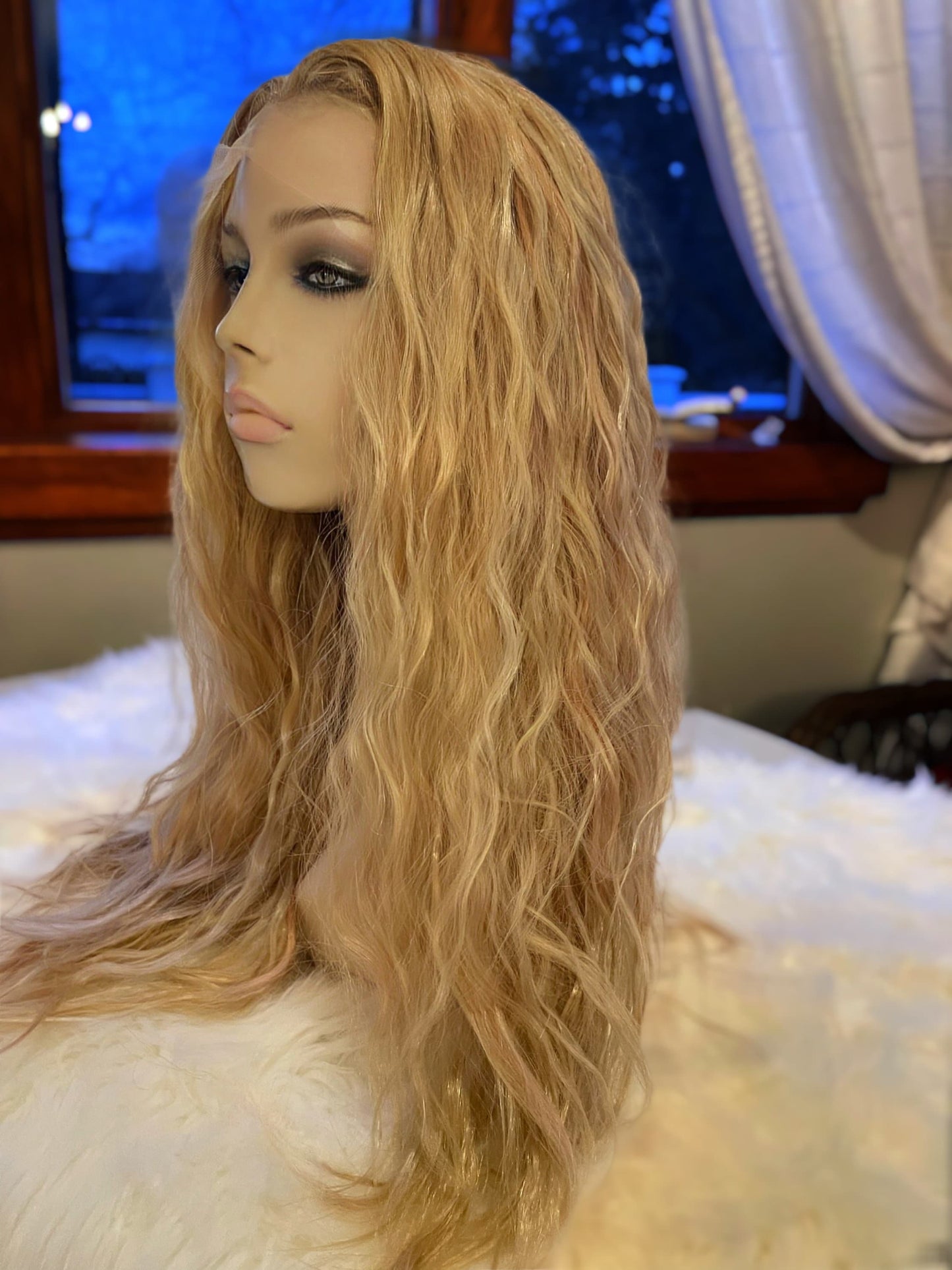 Belinda Medium Blonde Tiny Hints of Pink Lace Frontal Wig Long Wavy Wig Realistic Parting Wig Chemo Alopecia Showgirl Diva Wig