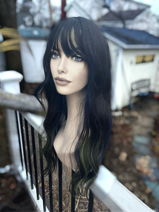 Grouchy Green Subtle Green Highlights Black Wig With Bangs Long Black Wig With Bangs Goth Wig HD Fiber Realistic Parting Wig