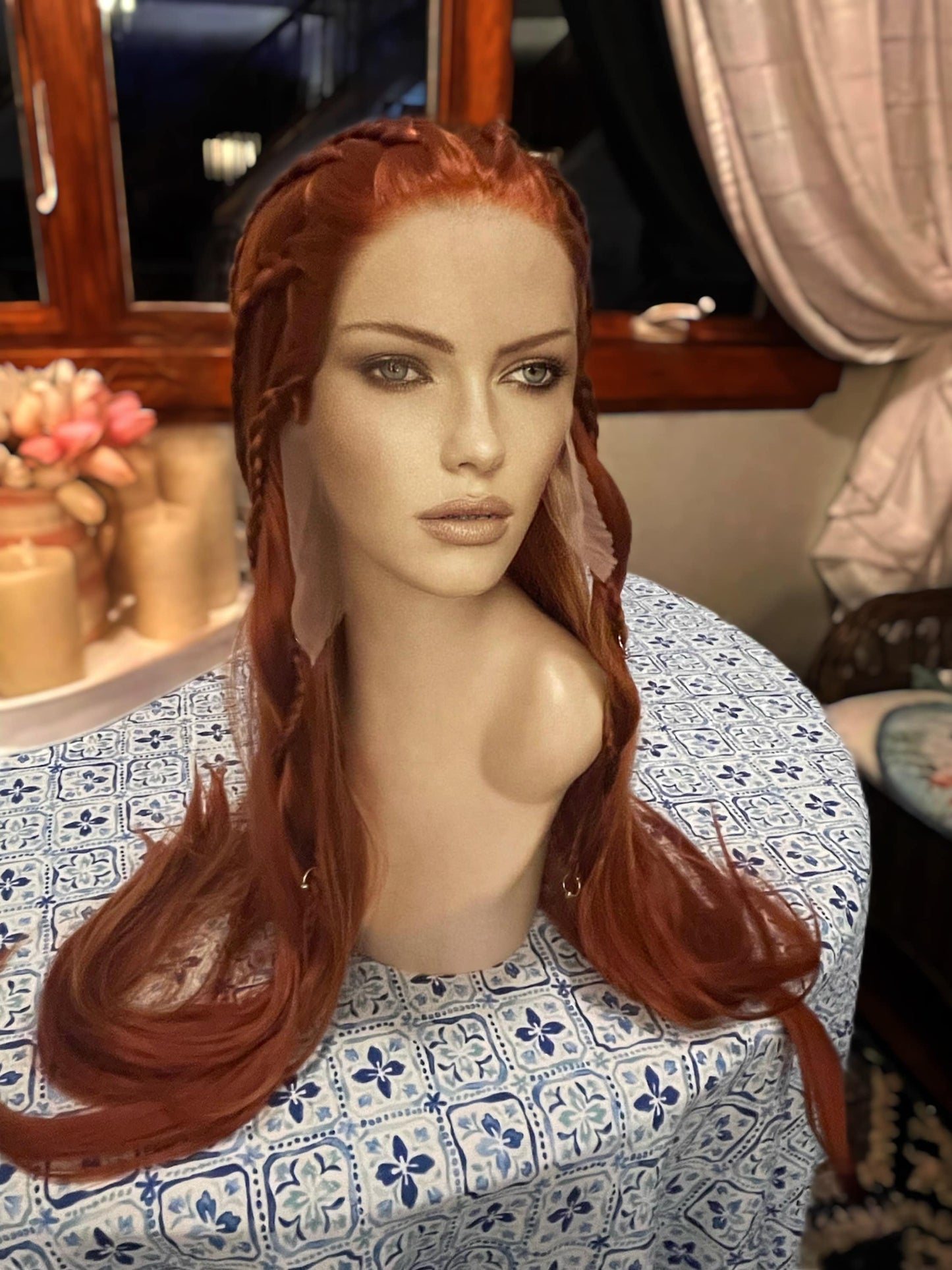Gwynnie Braided Viking Wig Chainmail Auburn Wig Extra Long Transparent Lace Front Wig Red Wig Fantasy Cosplay Medieval Costume Wig