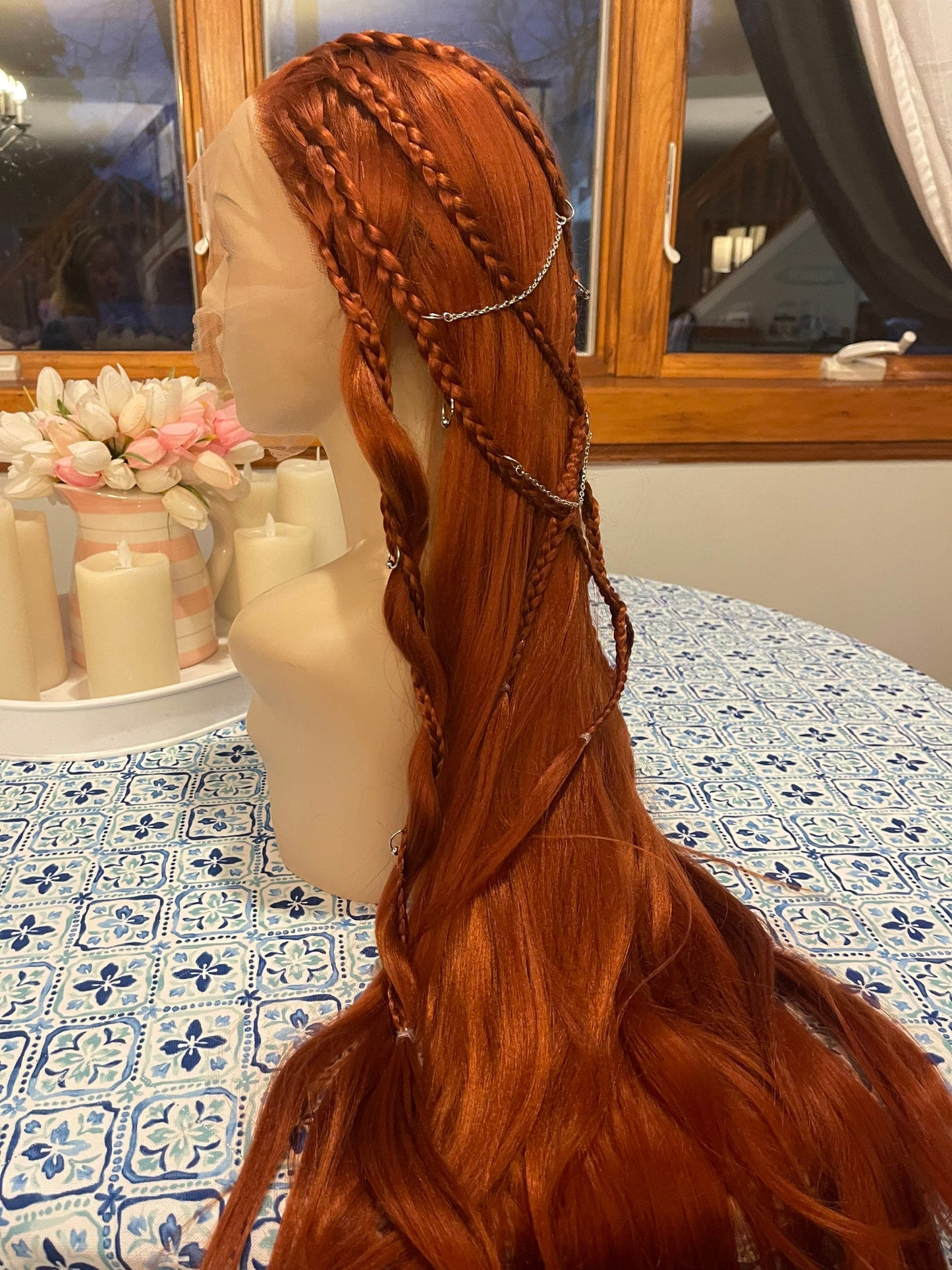 Gwynnie Braided Viking Wig Chainmail Auburn Wig Extra Long Transparent Lace Front Wig Red Wig Fantasy Cosplay Medieval Costume Wig