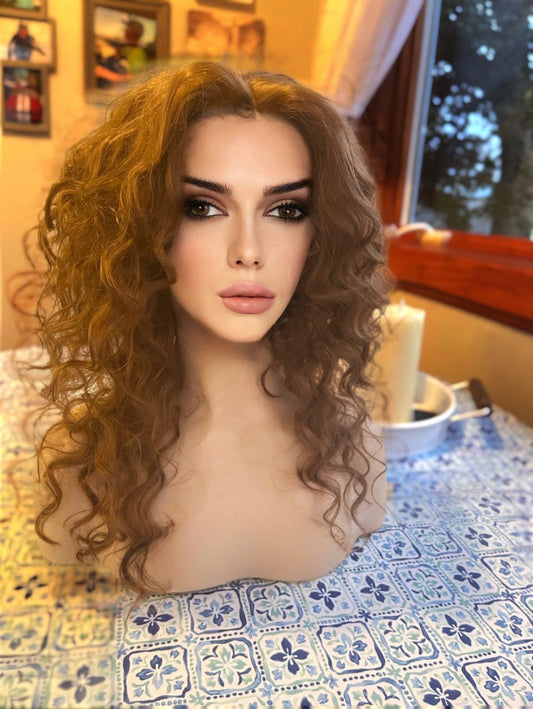 Tousled Angel Curly Wig Lace Front Wig With HD Lace Parting Curly Shoulder Length Chesnut Brown HD Synthetic Alopecia Chemo Wig