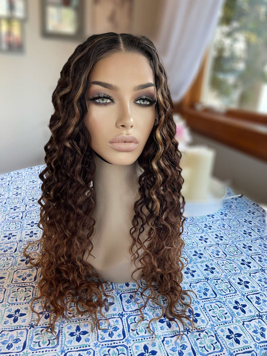 Lora Straw Curl Mono Top Hand Tied Balayage Wig Warm Brown Caramel Highlights Wavy Colormelt Loose Wave Lace Front Human Hair Cottagecore