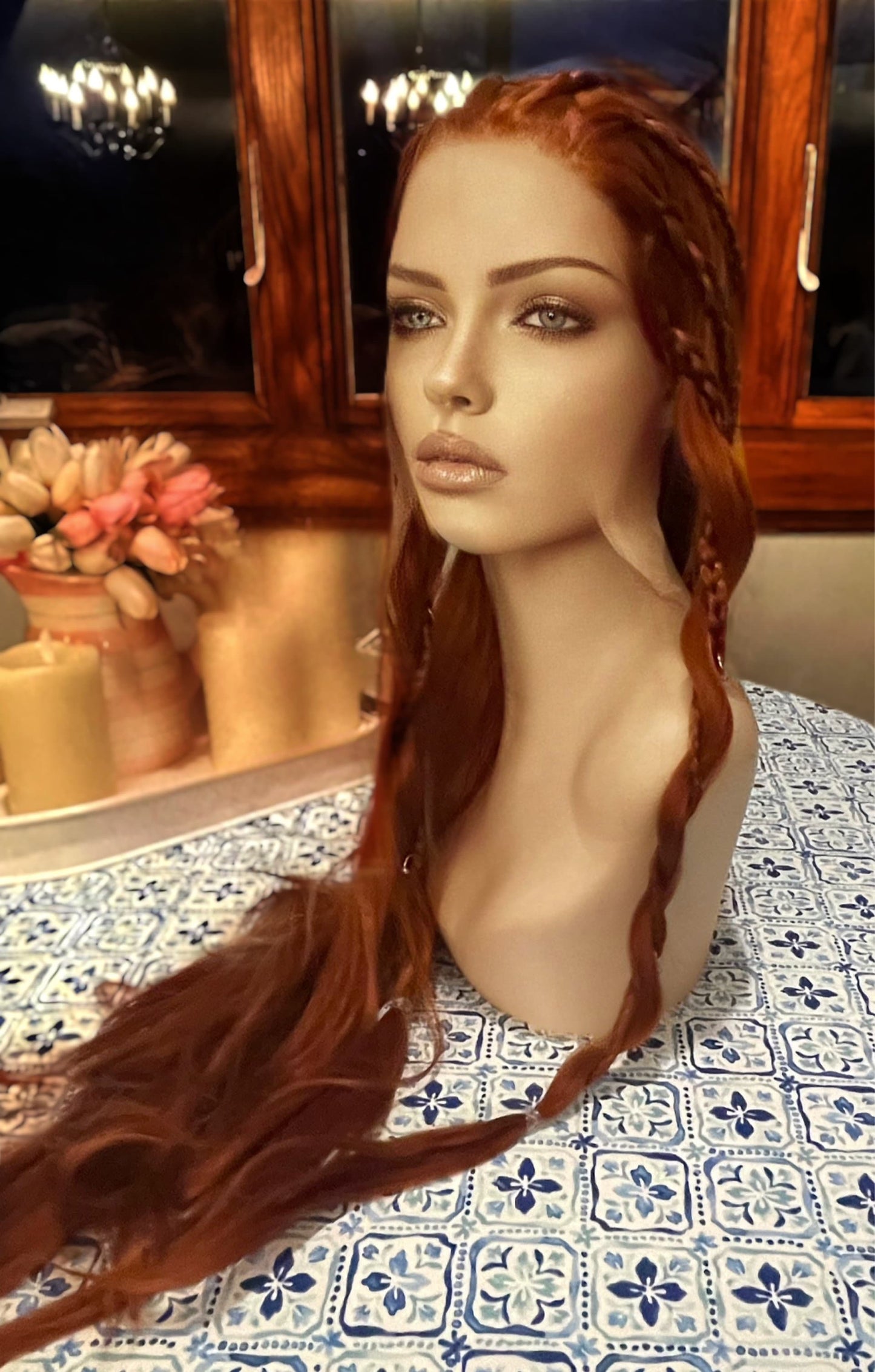Gwynnie Braided Viking Wig Chainmail Auburn Wig Extra Long Transparent Lace Front Wig Red Wig Fantasy Cosplay Medieval Costume Wig