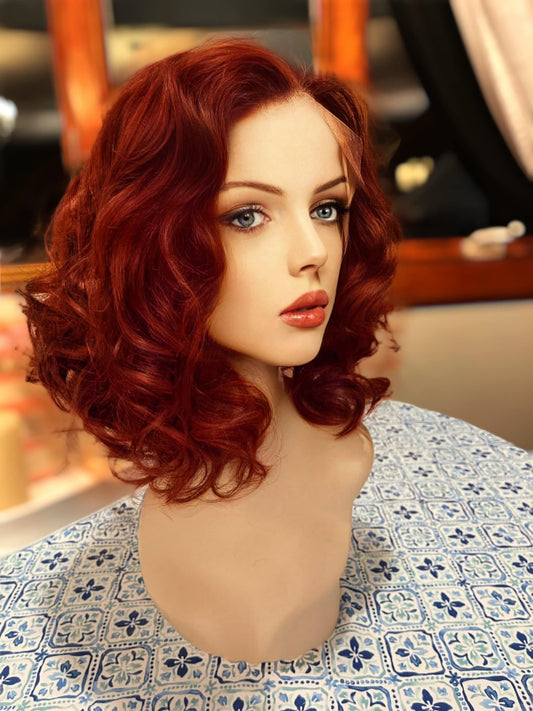 Pearl French Bob Auburn Red Wig Lace Front Wig Curly Wig Showgirl Wig Burlesque Wig Alopecia Chemo Wig Cool Light Hand Tied Lace Wig