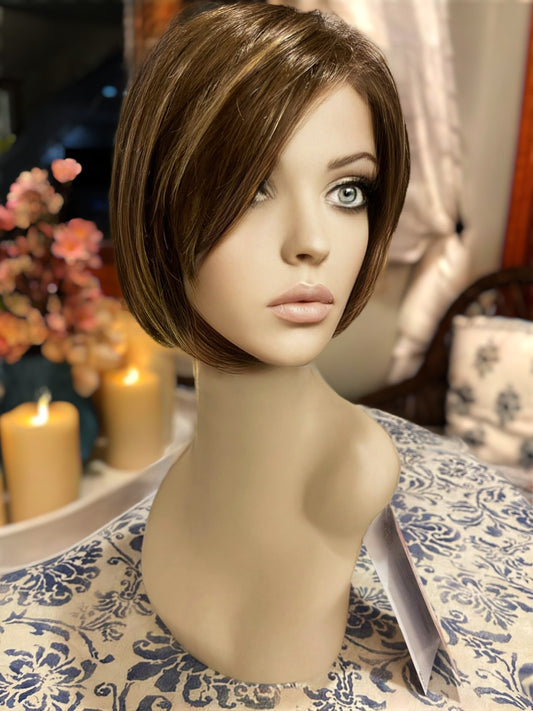 Petite Charm Estetica Custom Medical Wig Alopecia Chemotherapy Medium Brown and Caramel Highlights Wig Bangs Wig Bob Wig in CaramelKiss