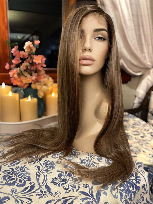 Staccato Ombre Color Melt Wig Darkest Blonde Lowlights Straight Long Wig Lace Front Swiss Lace Wig Alopecia Chemo Side Parting