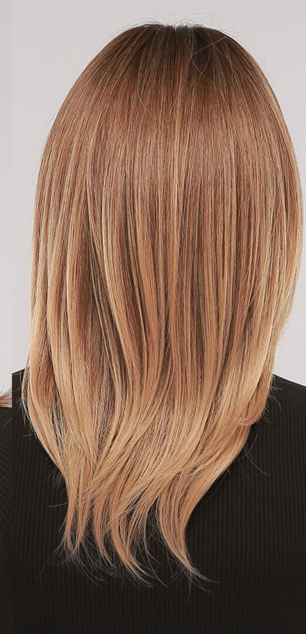 Virgie Dark Warm Ginger Blonde Rooted Ombre Straight Bob Synthetic Wigs with Bangs Heat Resistant Fiber