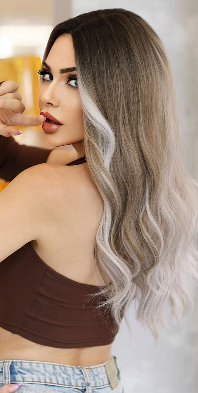 Selkie Cool Tones of Rooted Silver White Wavy Wig Long Curly Hair Wig for Women with Bangs Heat Resistant Fiber