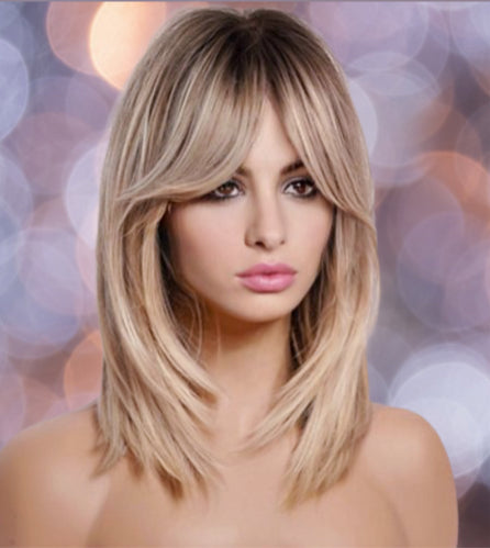 Kaley Natural Blonde Rooted Low Density Wig Ombre Straight Bob Synthetic Wig with Bangs Heat Resistant Fiber